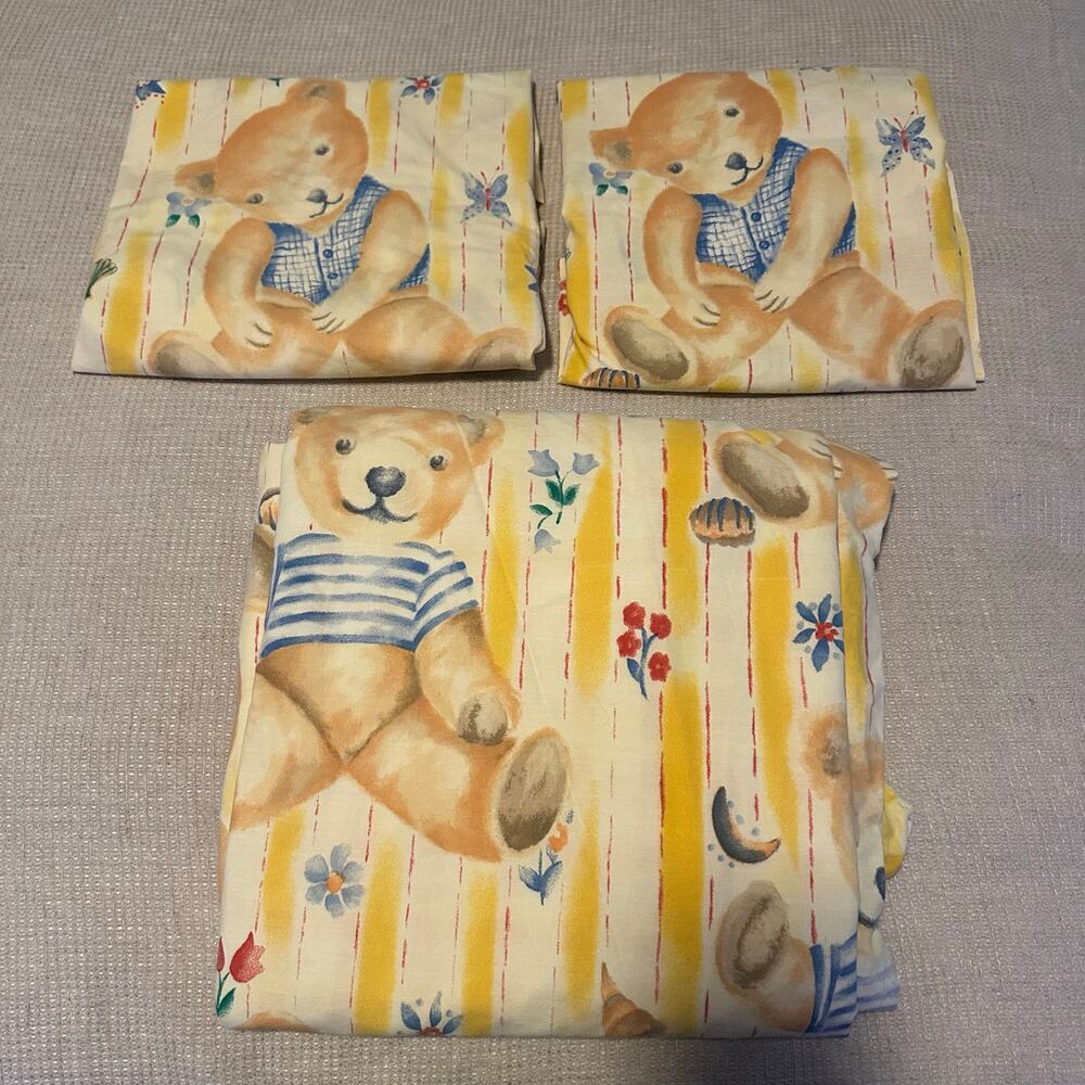 Vintage Anna French Bear Nursery Crib Duvet Cover Shams Yellow Soft Cotton 50x74